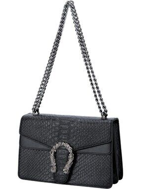 Women's Black Leather Snake Print Vintage Purse Chain Crossbody Bag